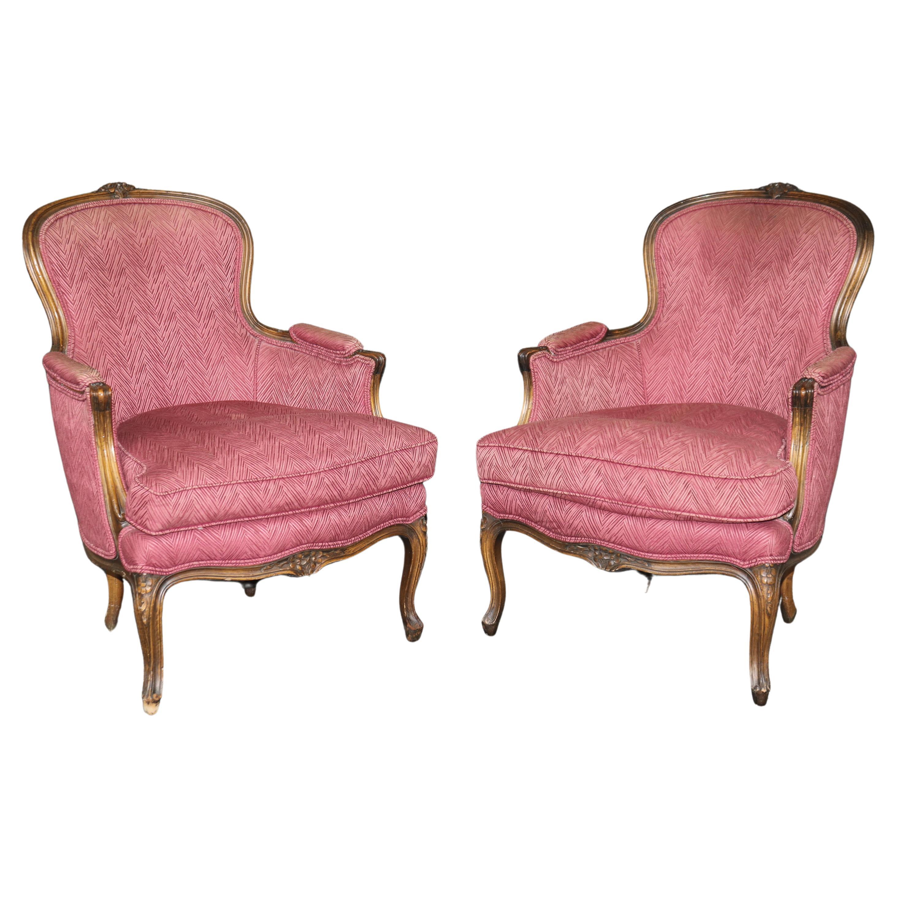 Pair French Carved Walnut Louis XV Style Bergère Chairs