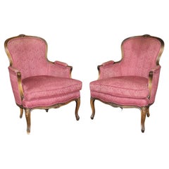 Pair French Carved Walnut Louis XV Style Bergère Chairs