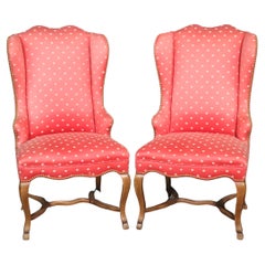 Pair French Carved Walnut Louis XV Tall Back Upholstered Armchairs