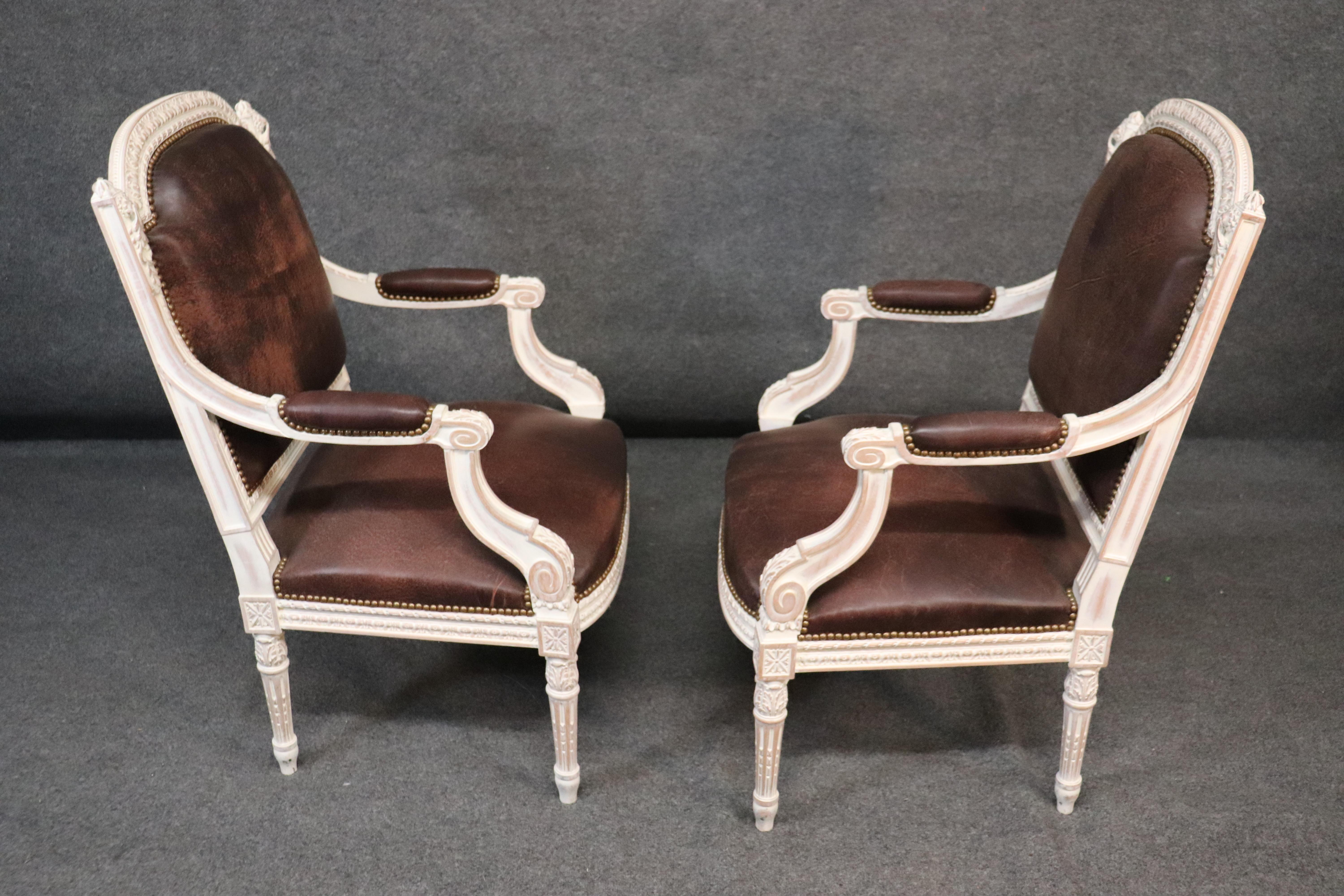 Pair French Carved White Painted Genuine Top Grain Leather Fauteuills Armchairs 5