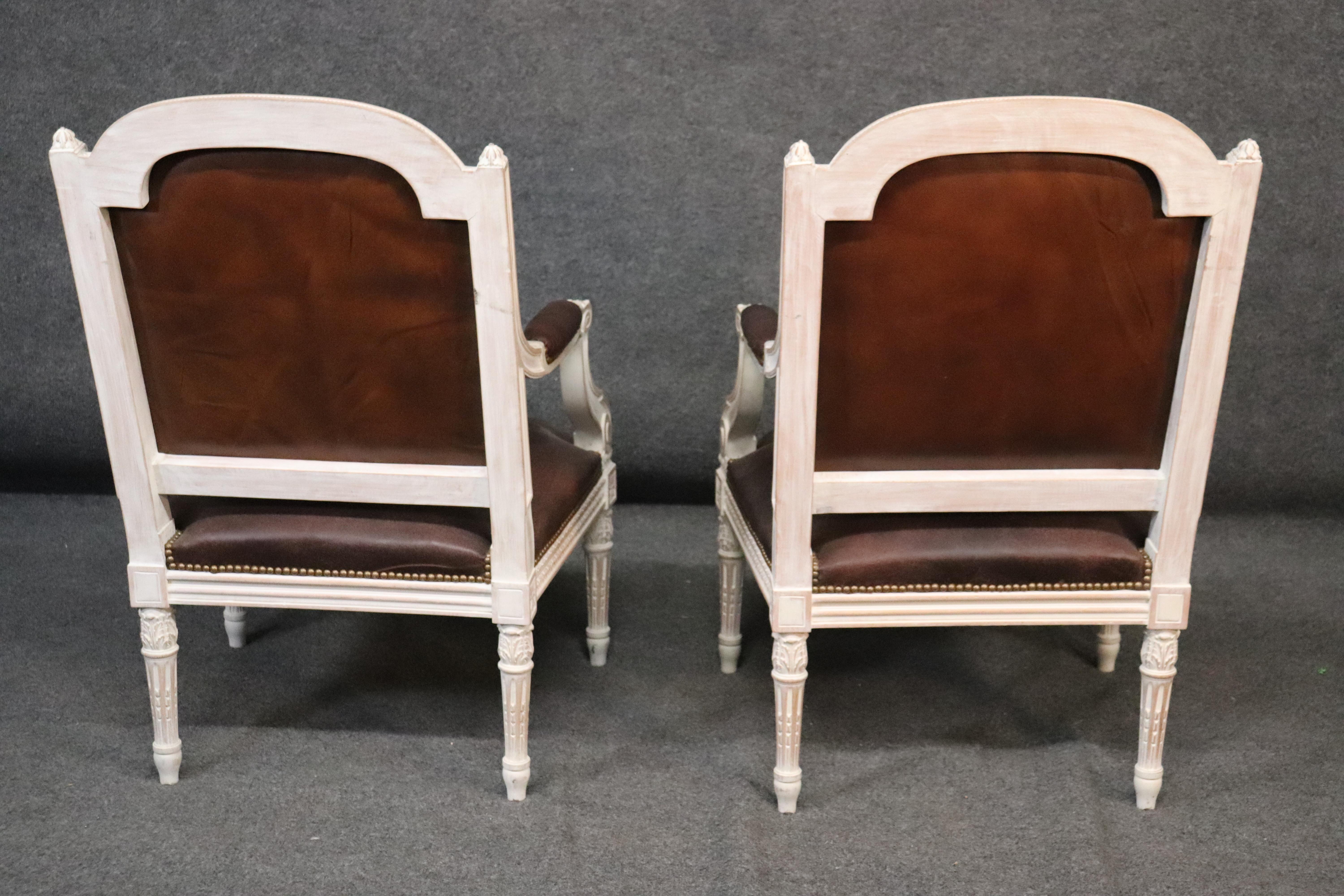 Pair French Carved White Painted Genuine Top Grain Leather Fauteuills Armchairs 6