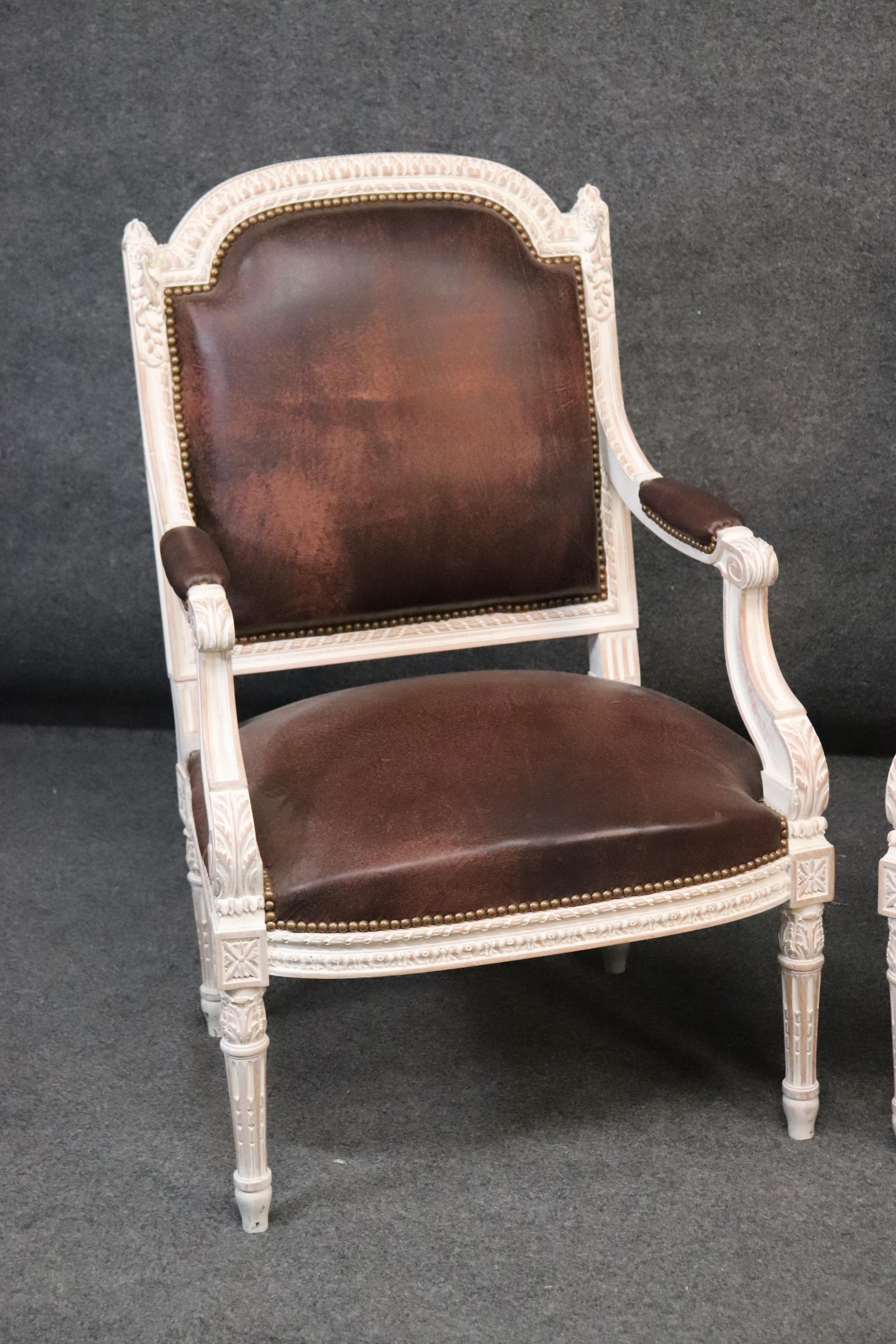 Louis XVI Pair French Carved White Painted Genuine Top Grain Leather Fauteuills Armchairs