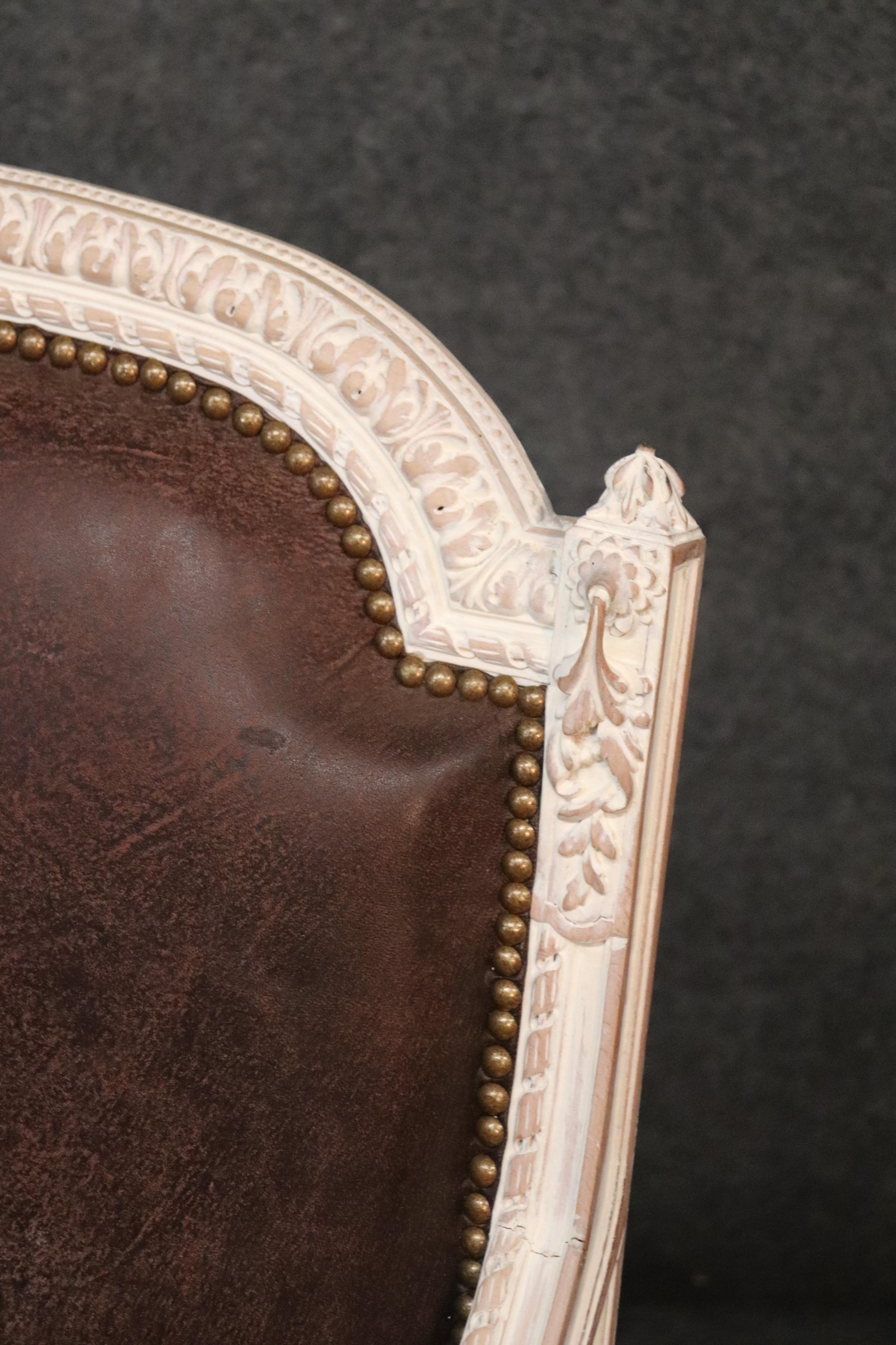 Pair French Carved White Painted Genuine Top Grain Leather Fauteuills Armchairs In Good Condition In Swedesboro, NJ