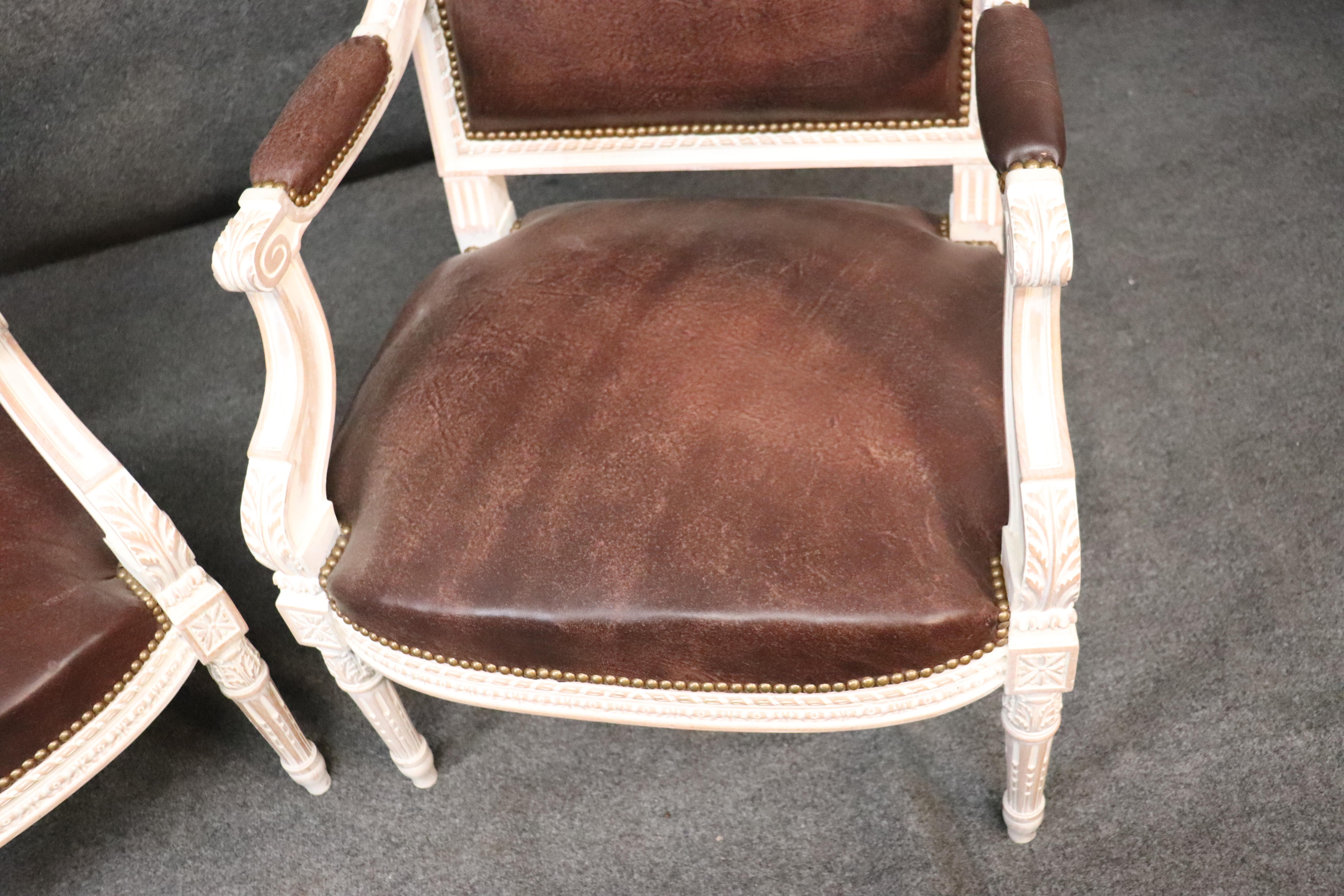 Pair French Carved White Painted Genuine Top Grain Leather Fauteuills Armchairs 1