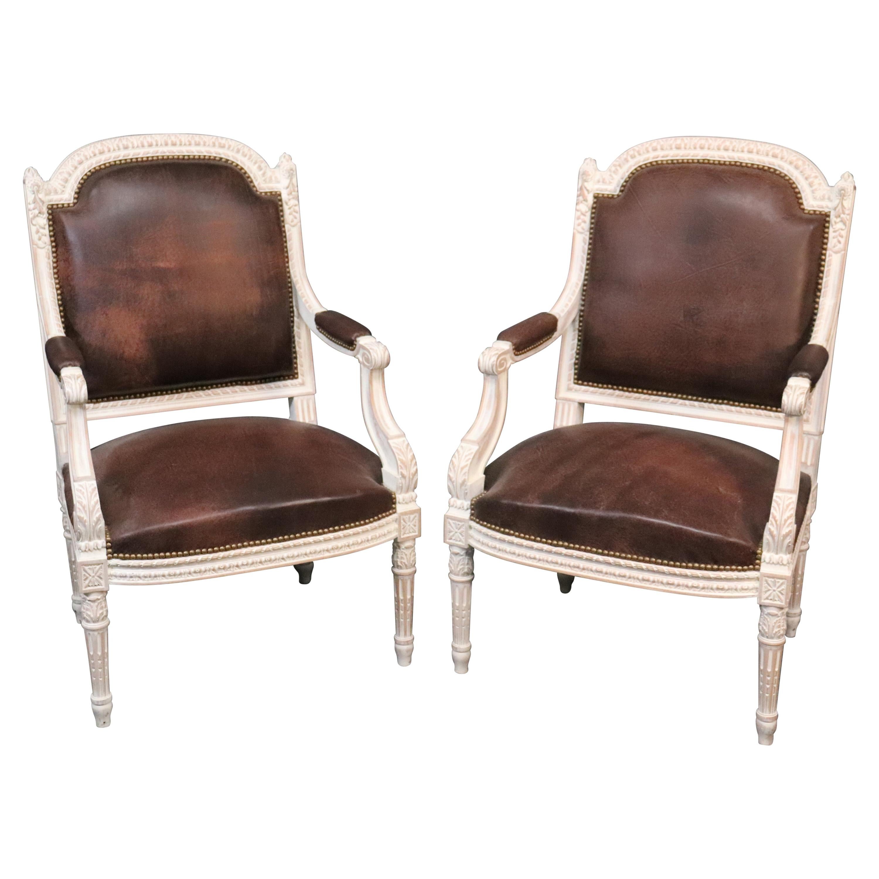 Pair French Carved White Painted Genuine Top Grain Leather Fauteuills Armchairs