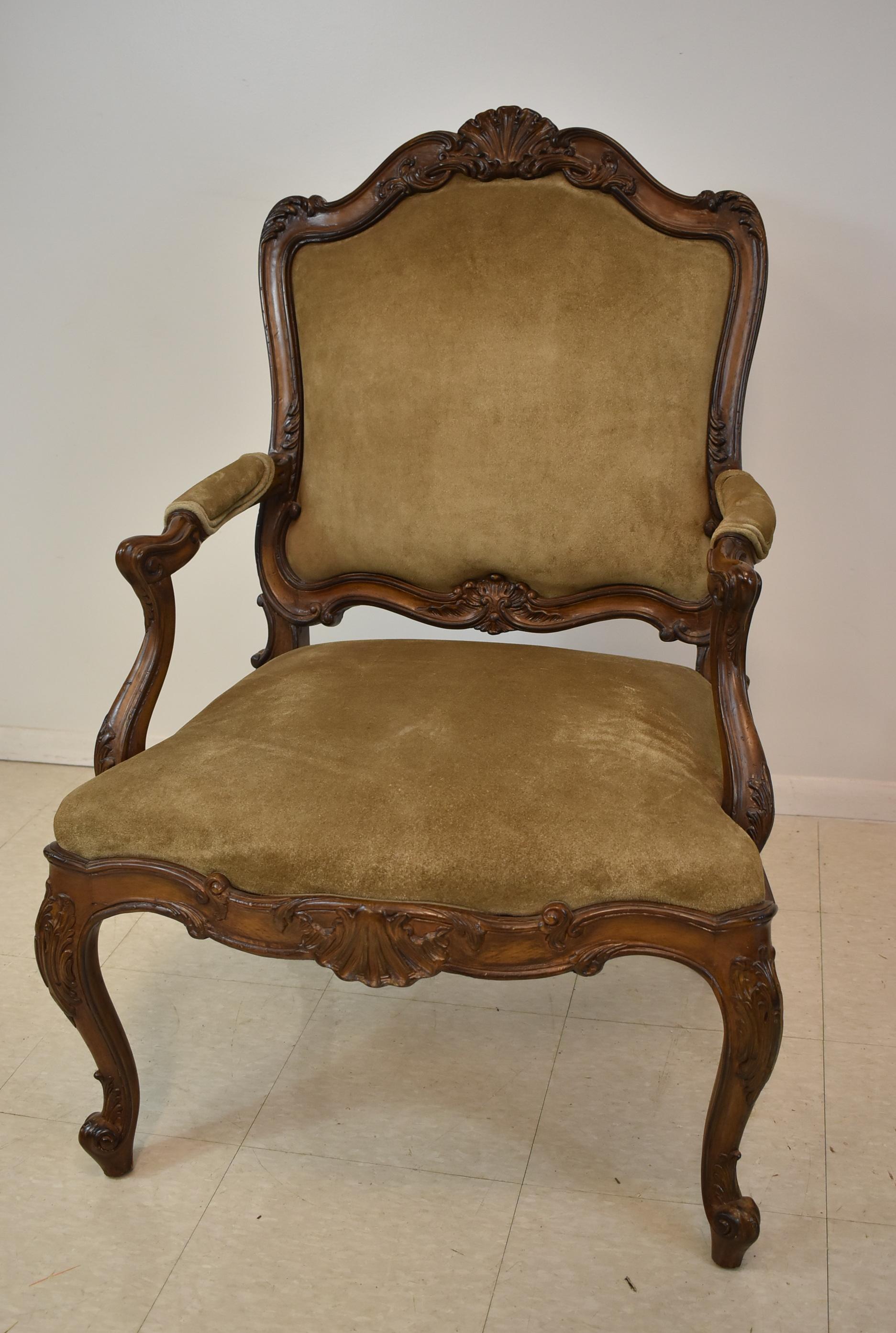 French Provincial Pair of French Carved Wood Armchair Suede Upholstery