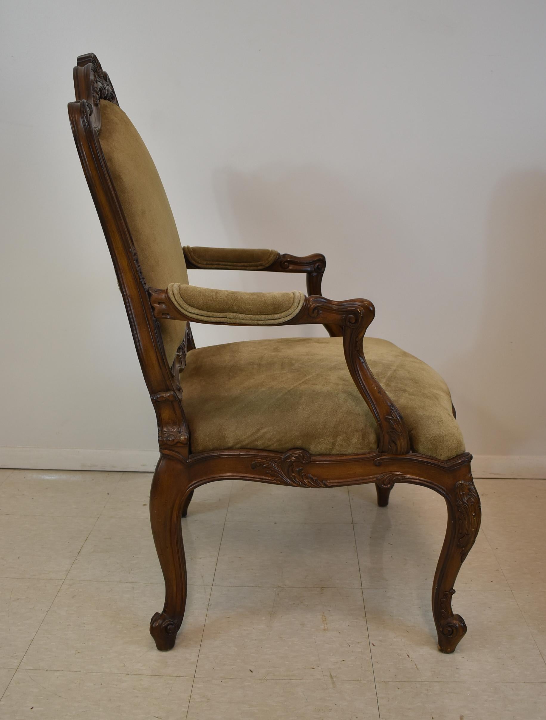 Unknown Pair of French Carved Wood Armchair Suede Upholstery