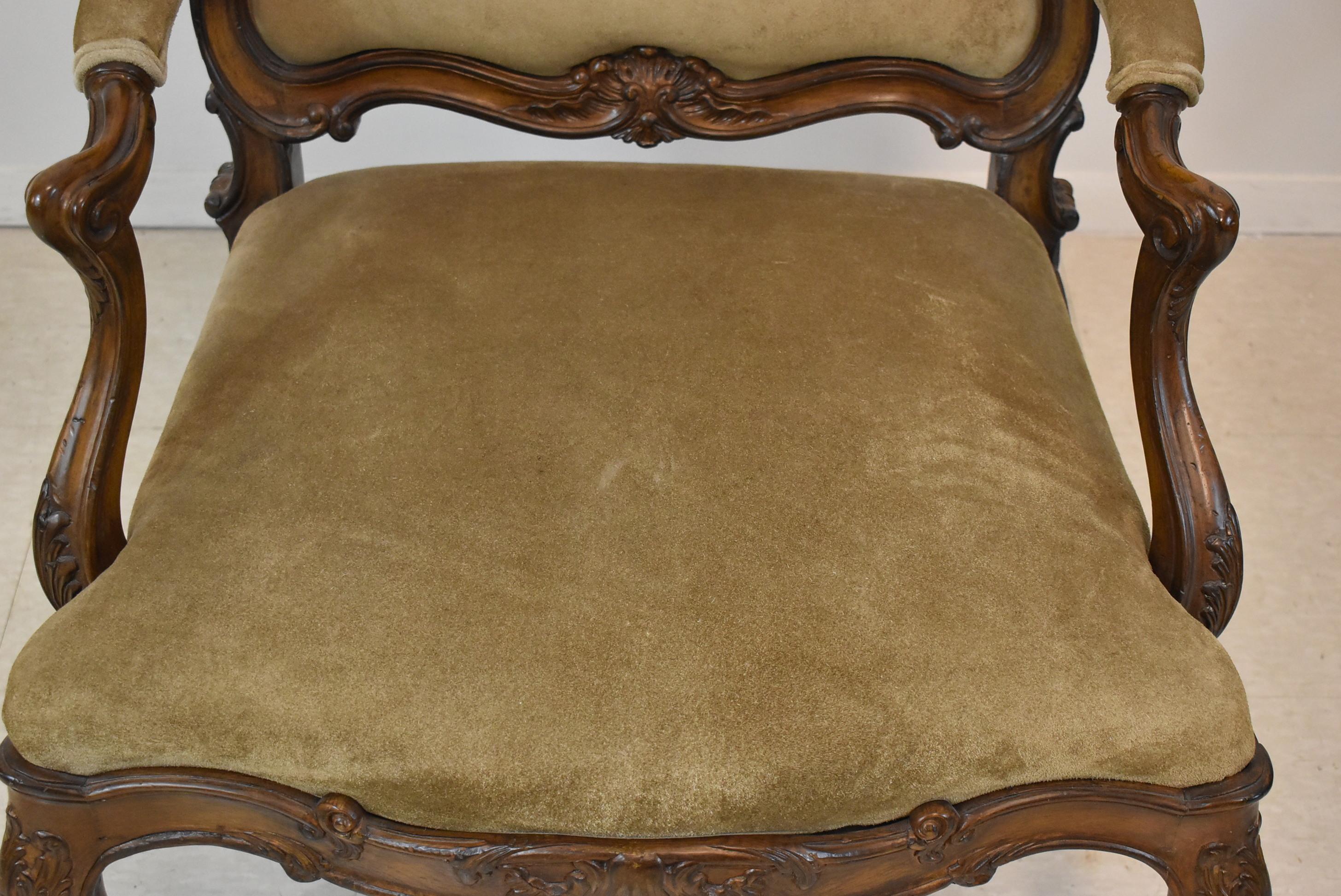 20th Century Pair of French Carved Wood Armchair Suede Upholstery