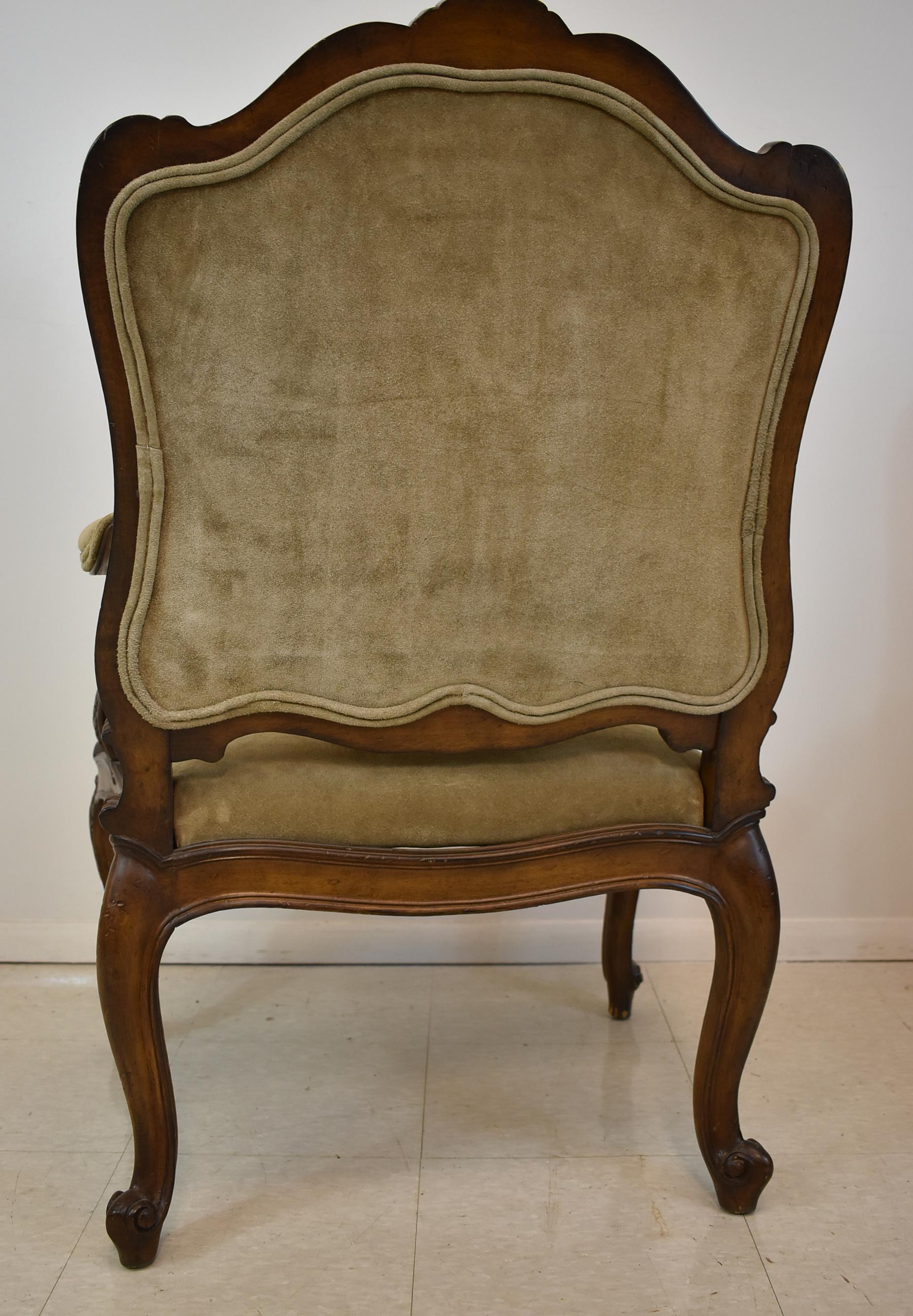 Pair of French Carved Wood Armchair Suede Upholstery 1