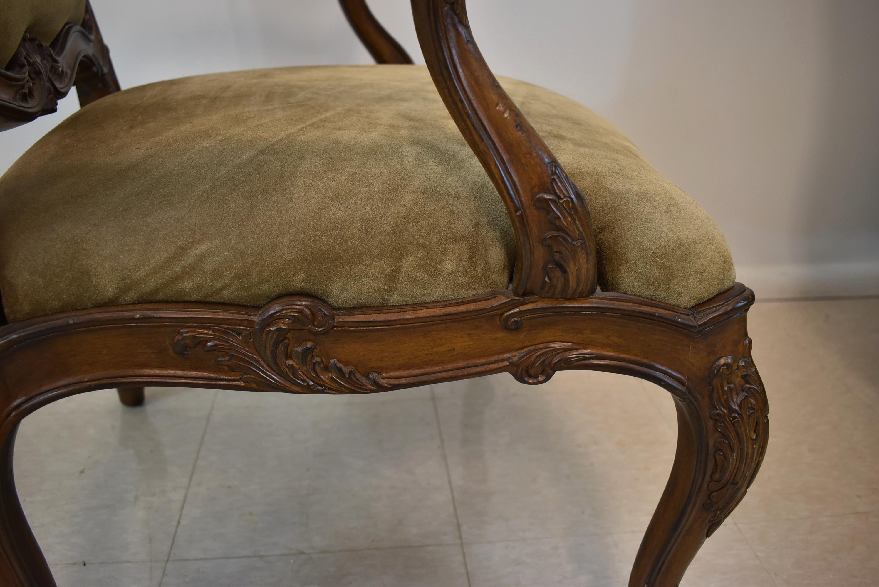 Pair of French Carved Wood Armchair Suede Upholstery 2
