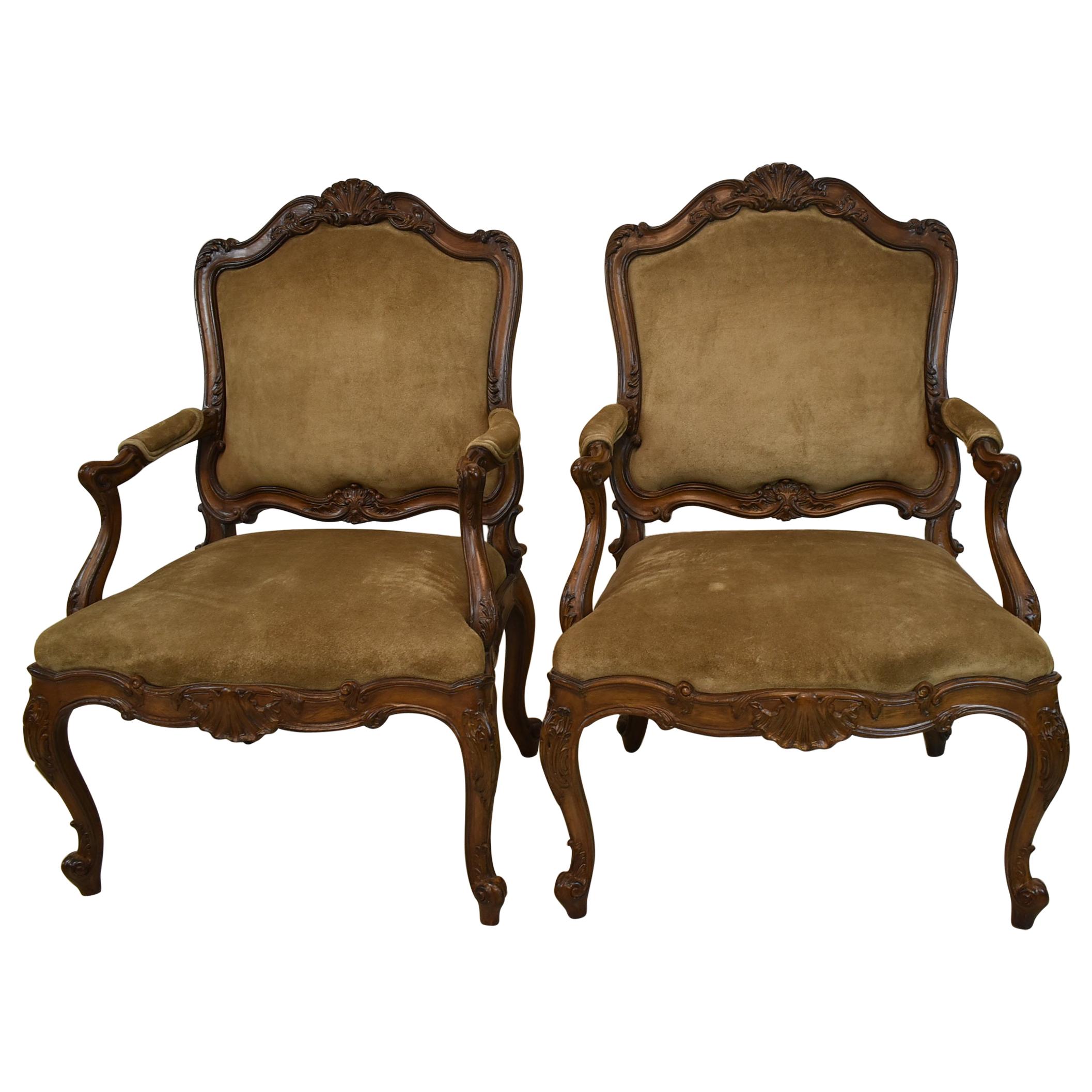 Pair of French Carved Wood Armchair Suede Upholstery