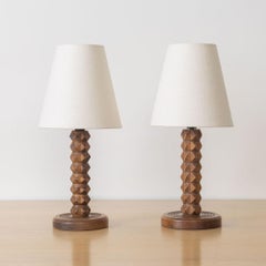 Pair French Carved Wood Lamps by Charles Dudouyt