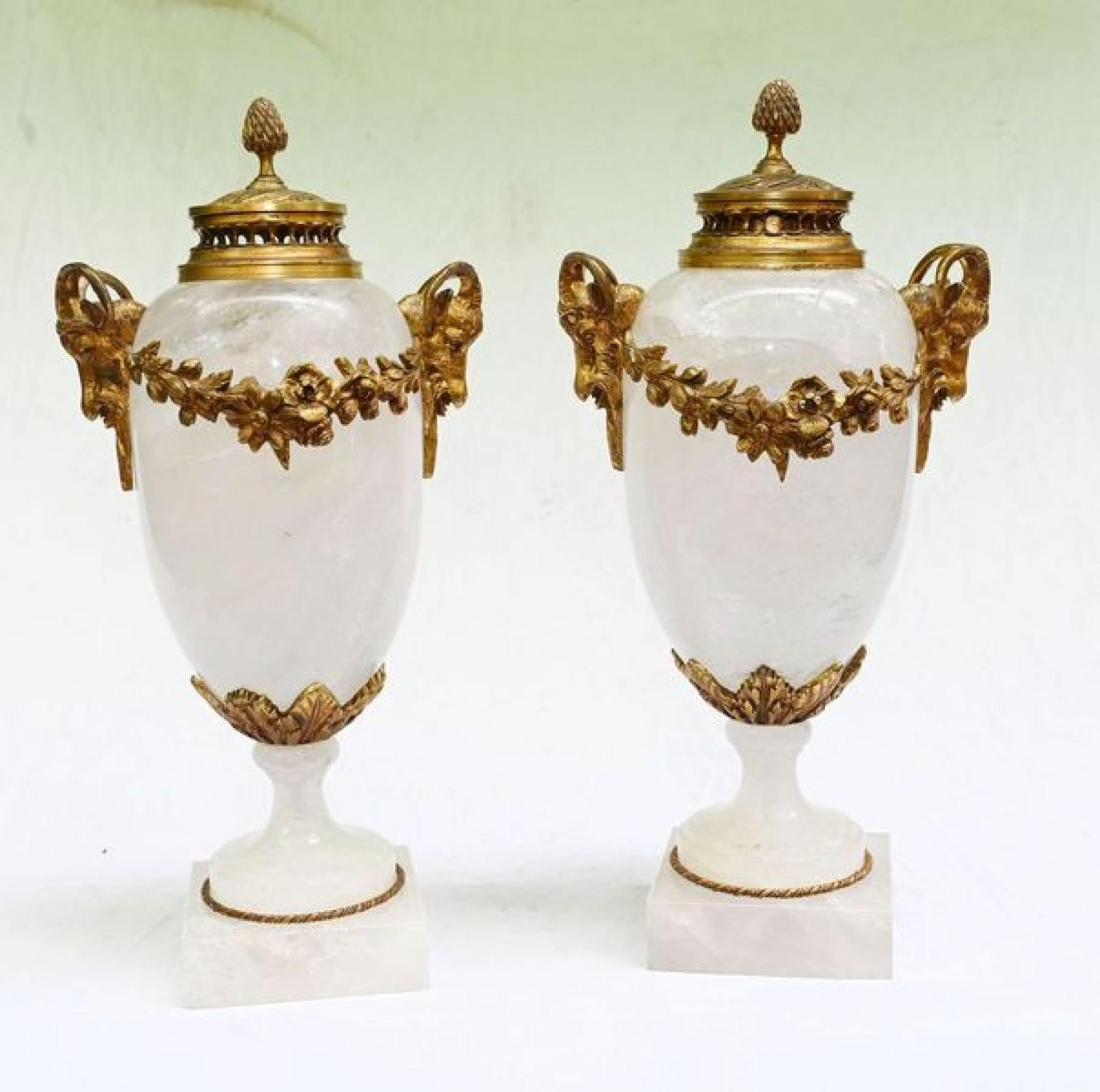 Pair French Cassolettes Urns Rock Crystal Gilt 1860 In Good Condition For Sale In Potters Bar, GB