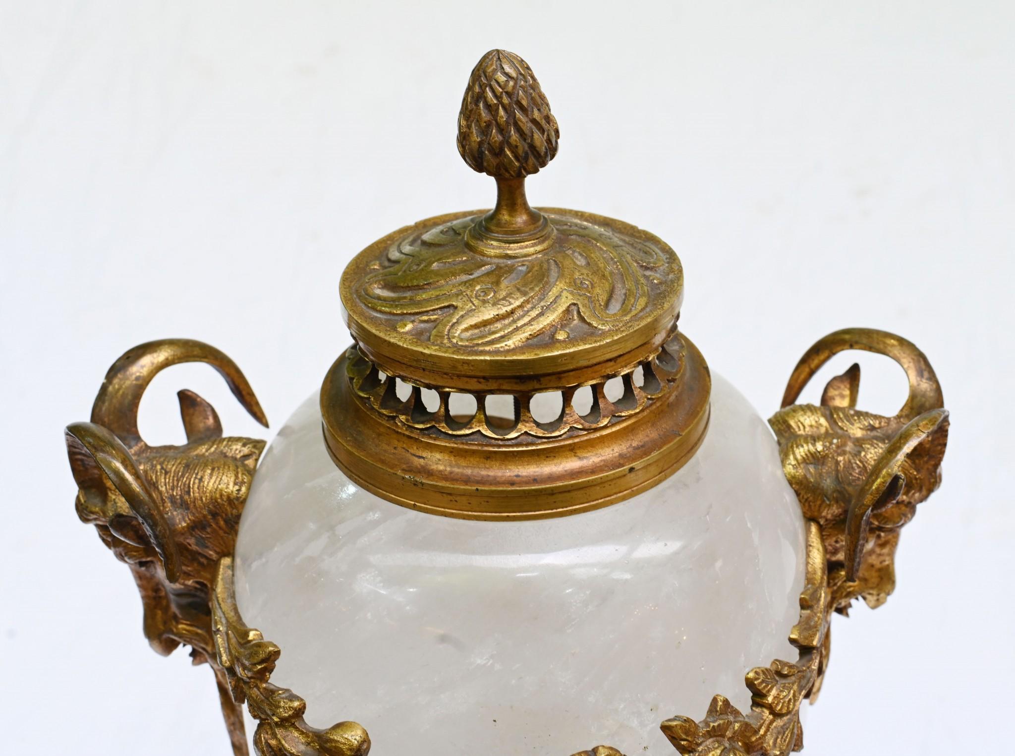 Pair French Cassolettes Urns Rock Crystal Gilt 1860 For Sale 4