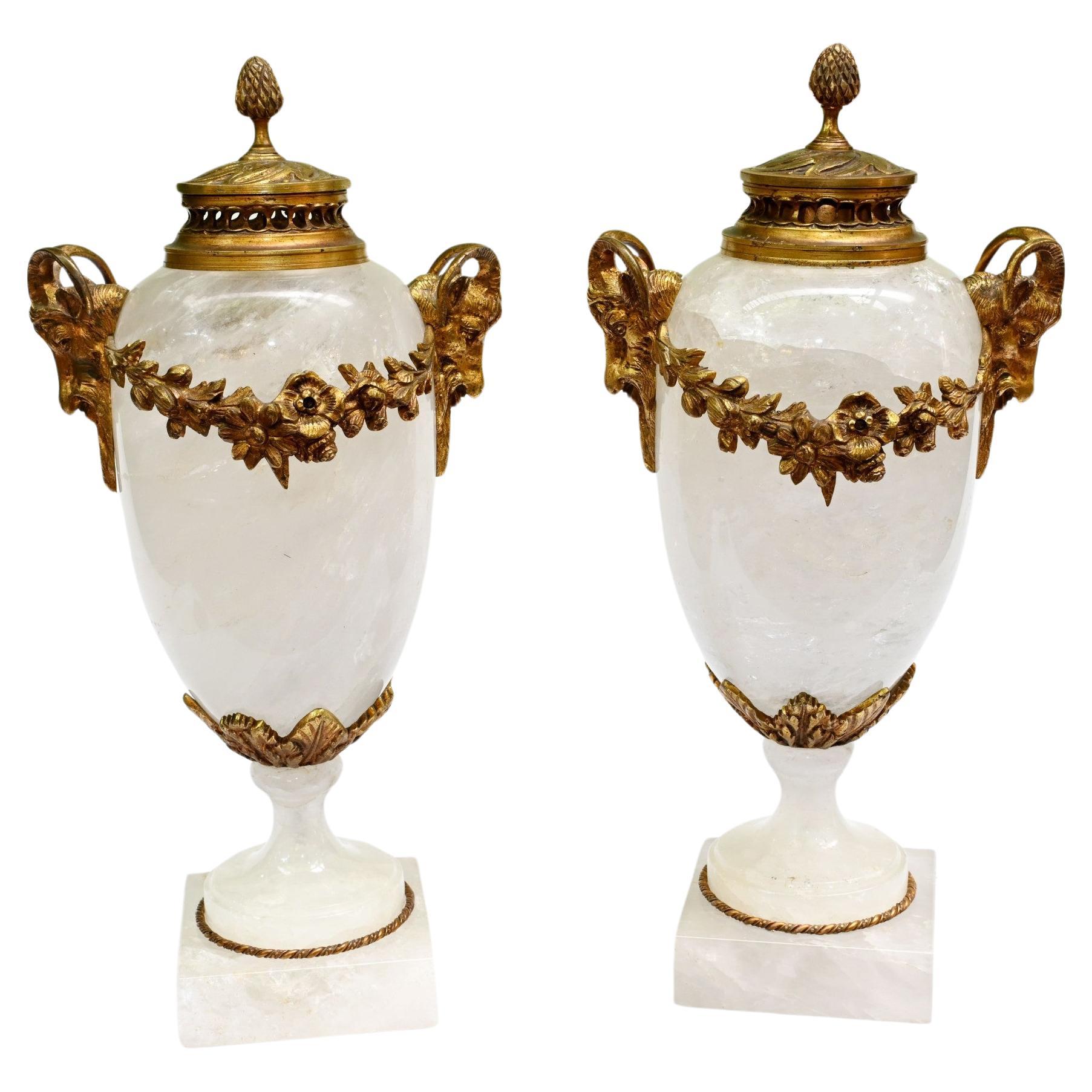 Pair French Cassolettes Urns Rock Crystal Gilt 1860 For Sale