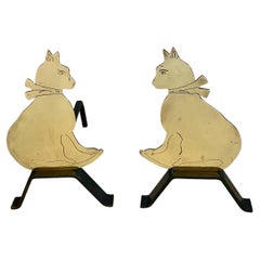 Pair French Cat Brass Andirons Chenets