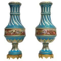 Pair French celest blue Louis XV / XVI Sevres Style Porcelain Vases