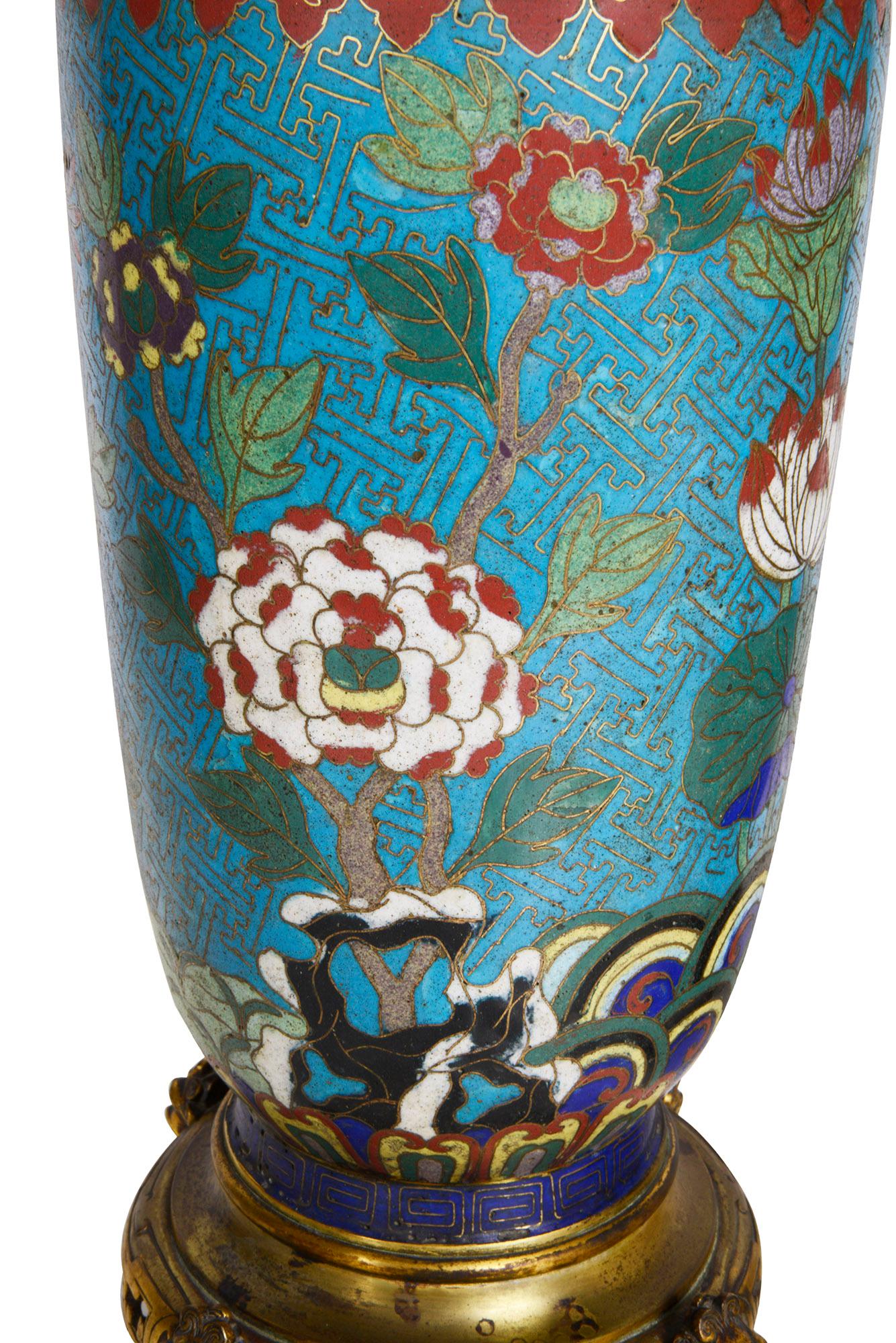 Pair French Champleve Enamel Vases / Lamps, circa 1900 For Sale 2