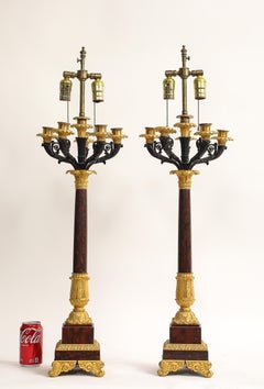 Pair French Charles-X Ormolu, Rouge Marble, and bronze Candelabra/Lamps, Ca 1820
