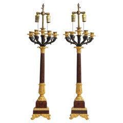 Pair French Charles-X Ormolu, Rouge Marble, and bronze Candelabra/Lamps, Ca 1820