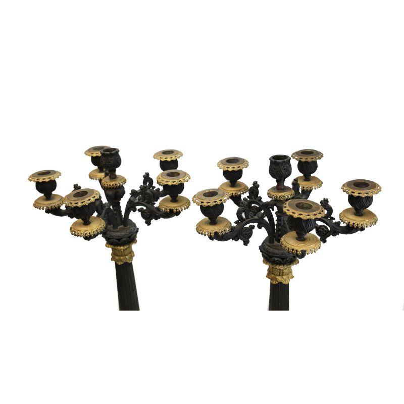 Pair French Charles X Patinated Gilt Bronze 6 Light Candelabra, 19th Century For Sale 1