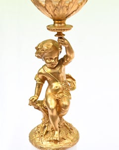 Pair French Cherub Storm Lamps Glass Gilt Figurines