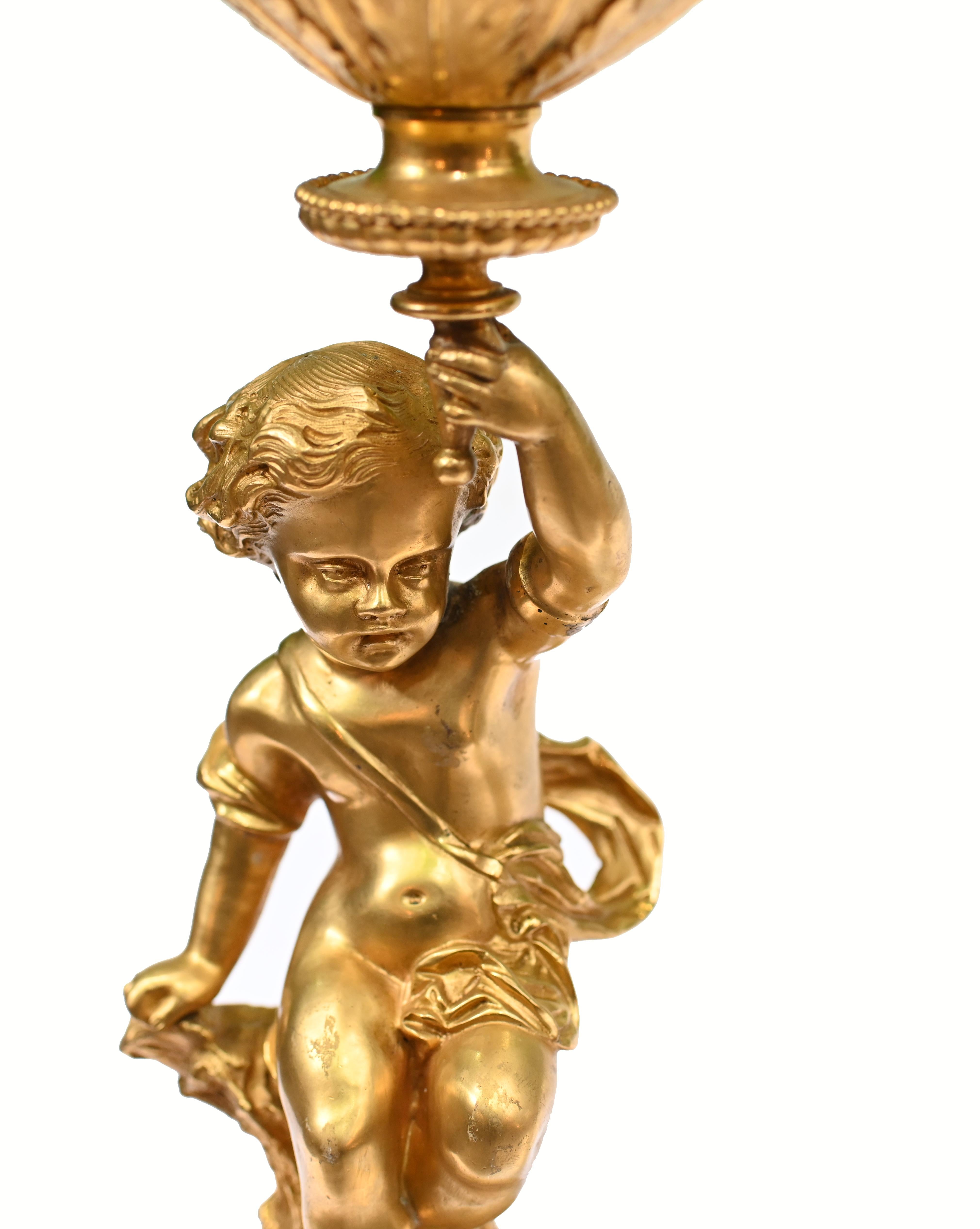 Pair French Cherub Storm Lamps Glass Gilt Figurines For Sale 1