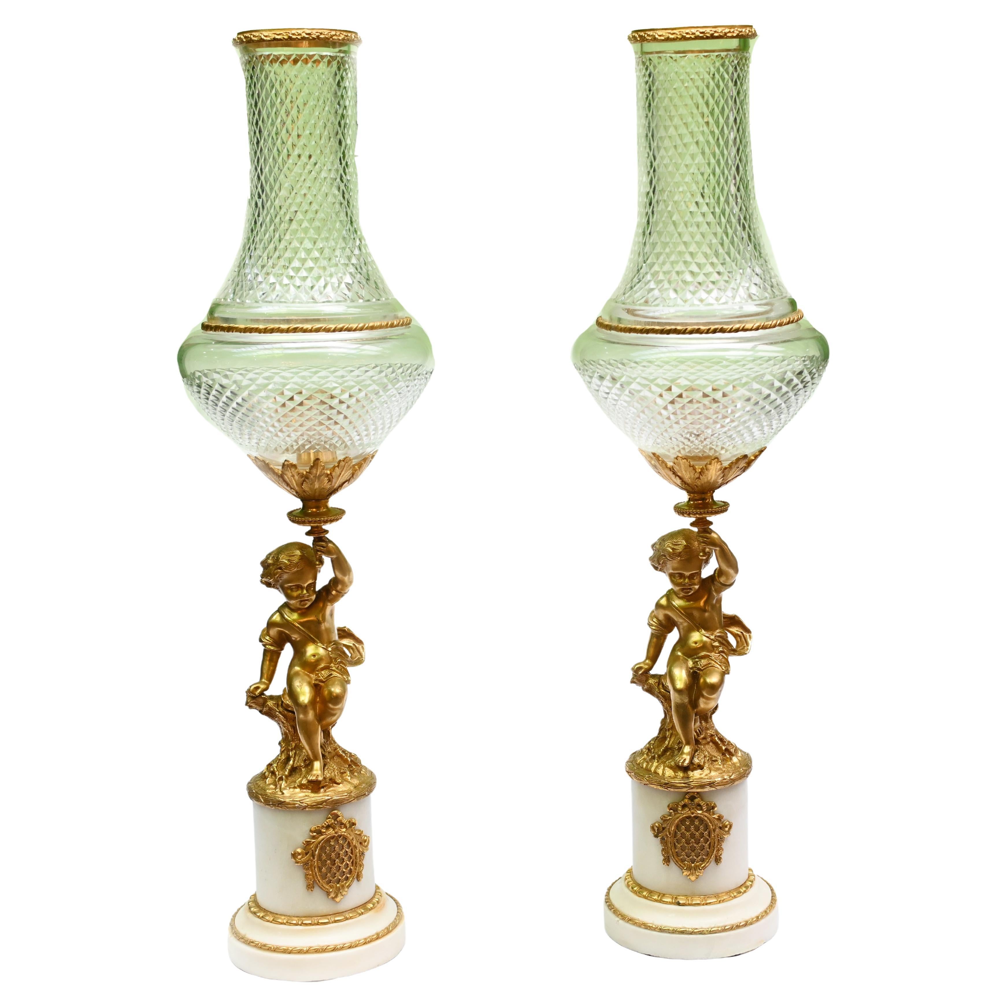 Pair French Cherub Storm Lamps Glass Gilt Figurines For Sale