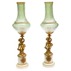 Antique Pair French Cherub Storm Lamps Glass Gilt Figurines