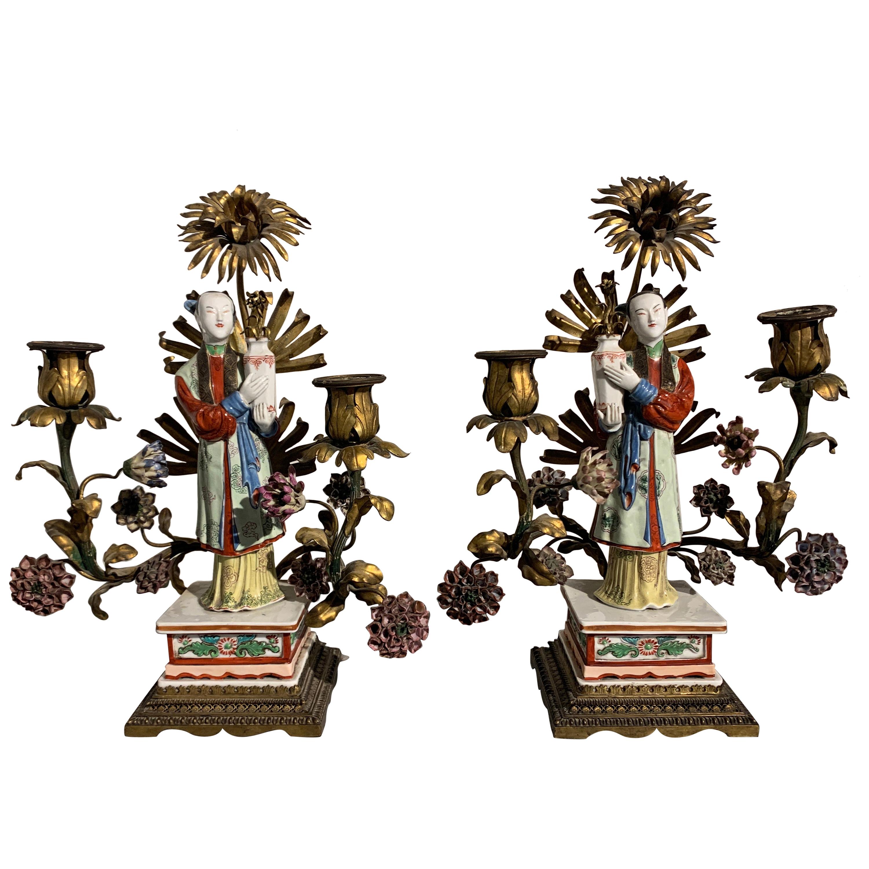 Pair of French Chinoiserie Candelabra Attributed to Samson, Early 20th Century