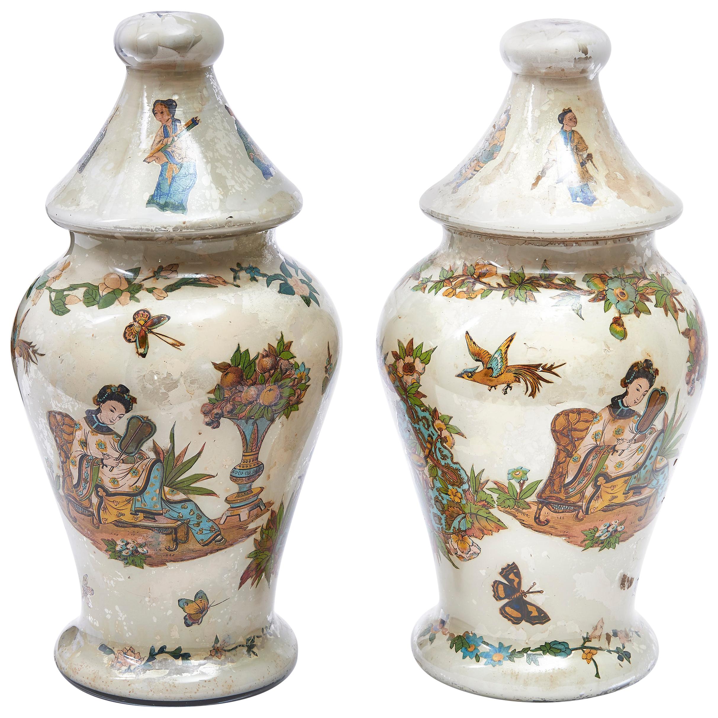 Pair of French Chinoiserie Decalcomania Glass Vases For Sale