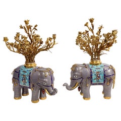 Pair French Chinoiserie Dore Bronze & Chinese Cloisonné Elephant Form Candelabra