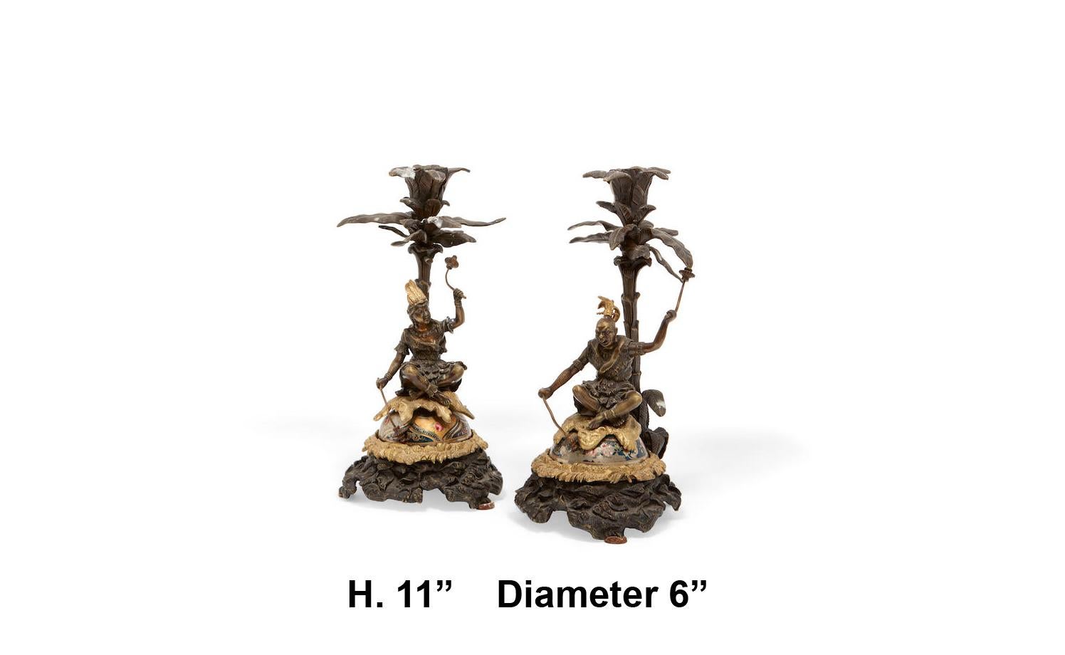 Unique pair of 19th century French Chinoiserie patinated and parcel-gilt bronze figural candlesticks. 

Each candlestick is surmounted with a leaf-tip candleholder, over a bamboo-shaped stem issuing a foliate inspired drip pan, over an intricate