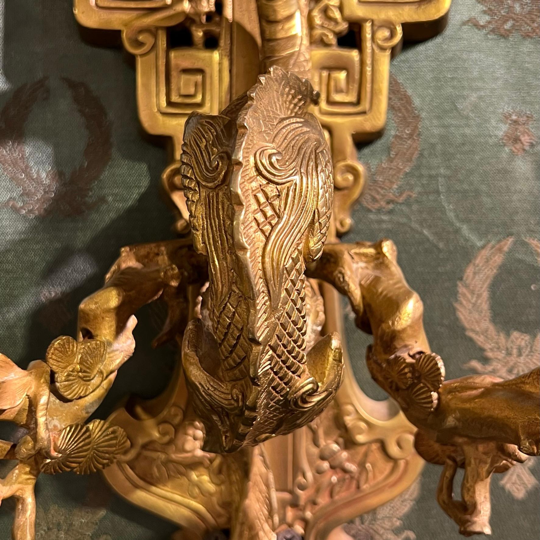 Pair French Chinoiserie Gilt Bronze Sconces with Dragon Motif For Sale 7