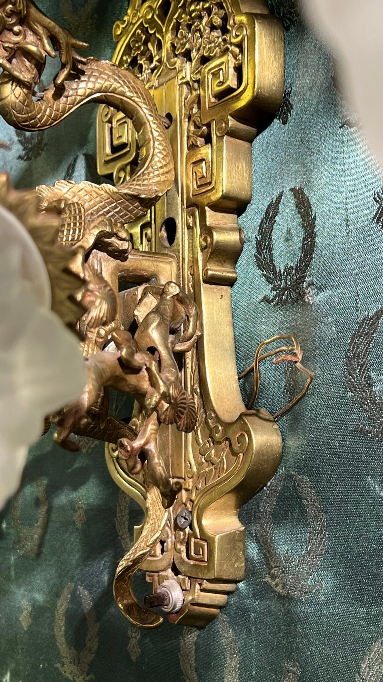 Pair French Chinoiserie Gilt Bronze Sconces with Dragon Motif For Sale 14