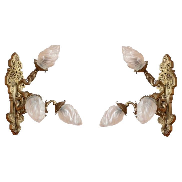 Pair French Chinoiserie Gilt Bronze Sconces with Dragon Motif For Sale