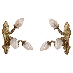 Pair French Chinoiserie Gilt Bronze Sconces with Dragon Motif