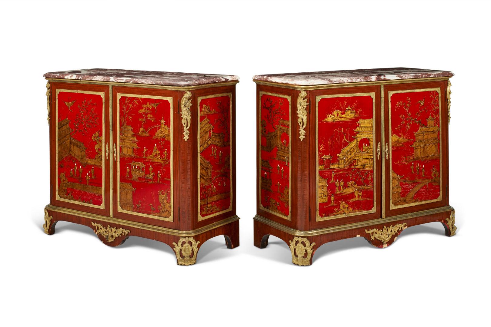 Gilt Pair French Chinoiserie Red Lacquered Side Cabinets in Louis XVI Style For Sale