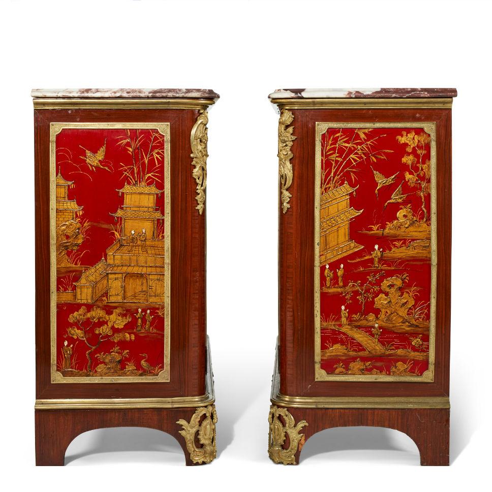 Bronze Pair French Chinoiserie Red Lacquered Side Cabinets in Louis XVI Style For Sale