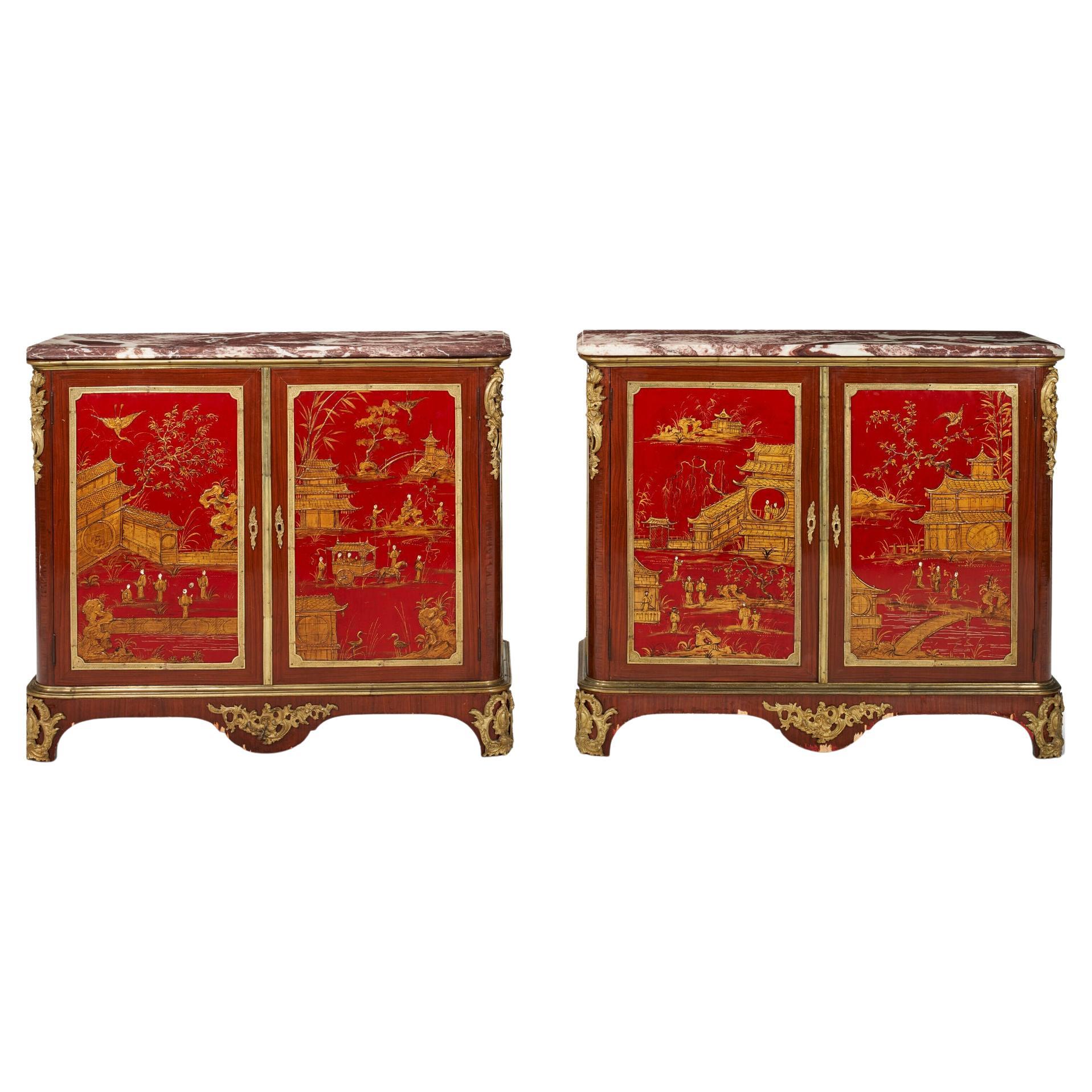 Pair French Chinoiserie Red Lacquered Side Cabinets in Louis XVI Style