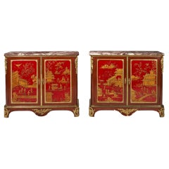 Pair French Chinoiserie Red Lacquered Side Cabinets in Louis XVI Style
