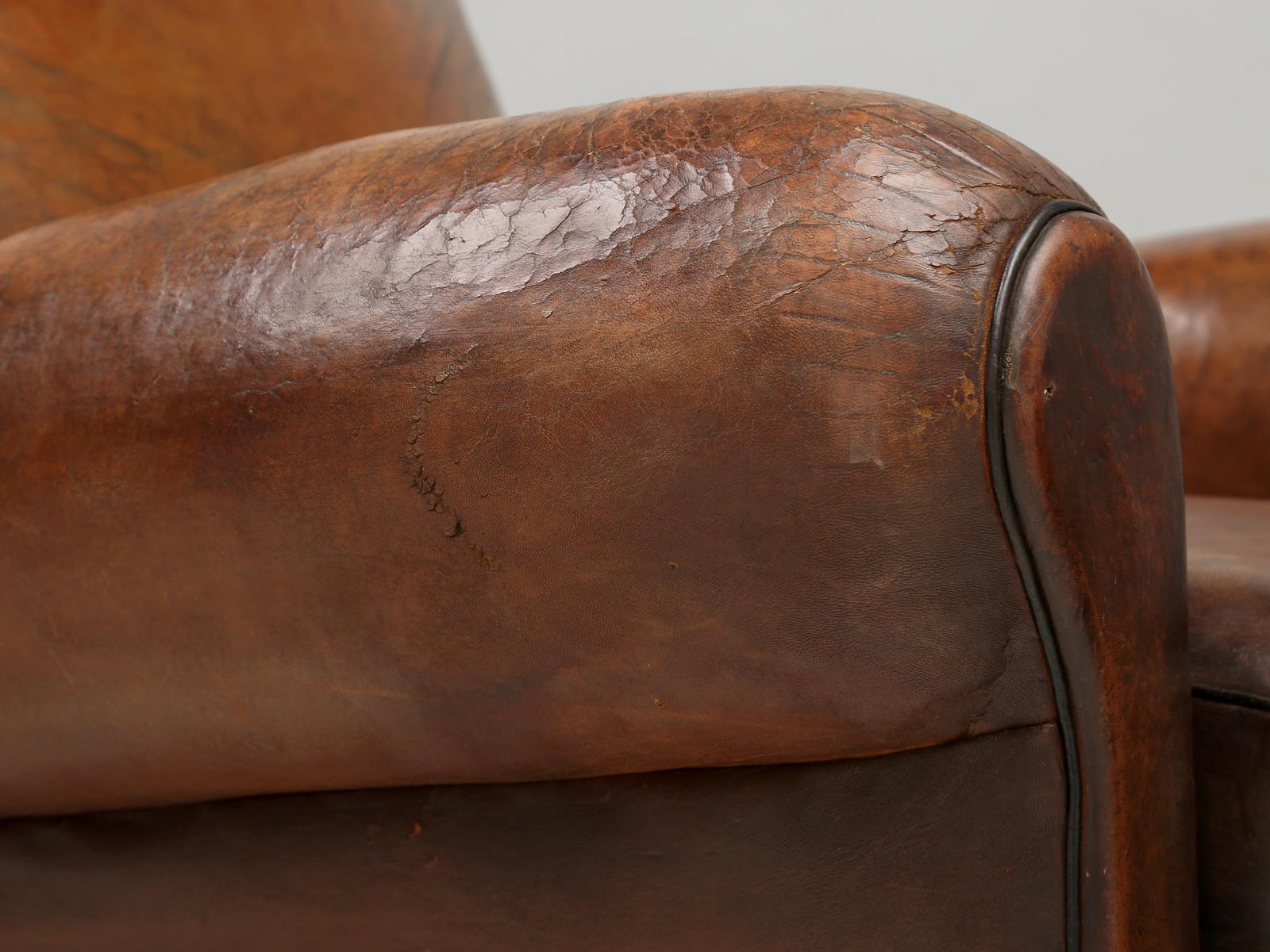 Pair French Club Chairs Restored Correctly from the Frame Up in Original Leather 8