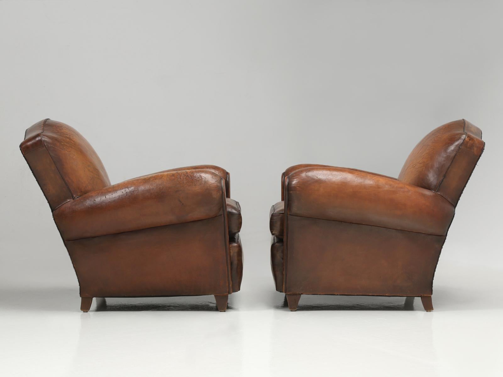 Pair French Club Chairs Restored Correctly from the Frame Up in Original Leather 12