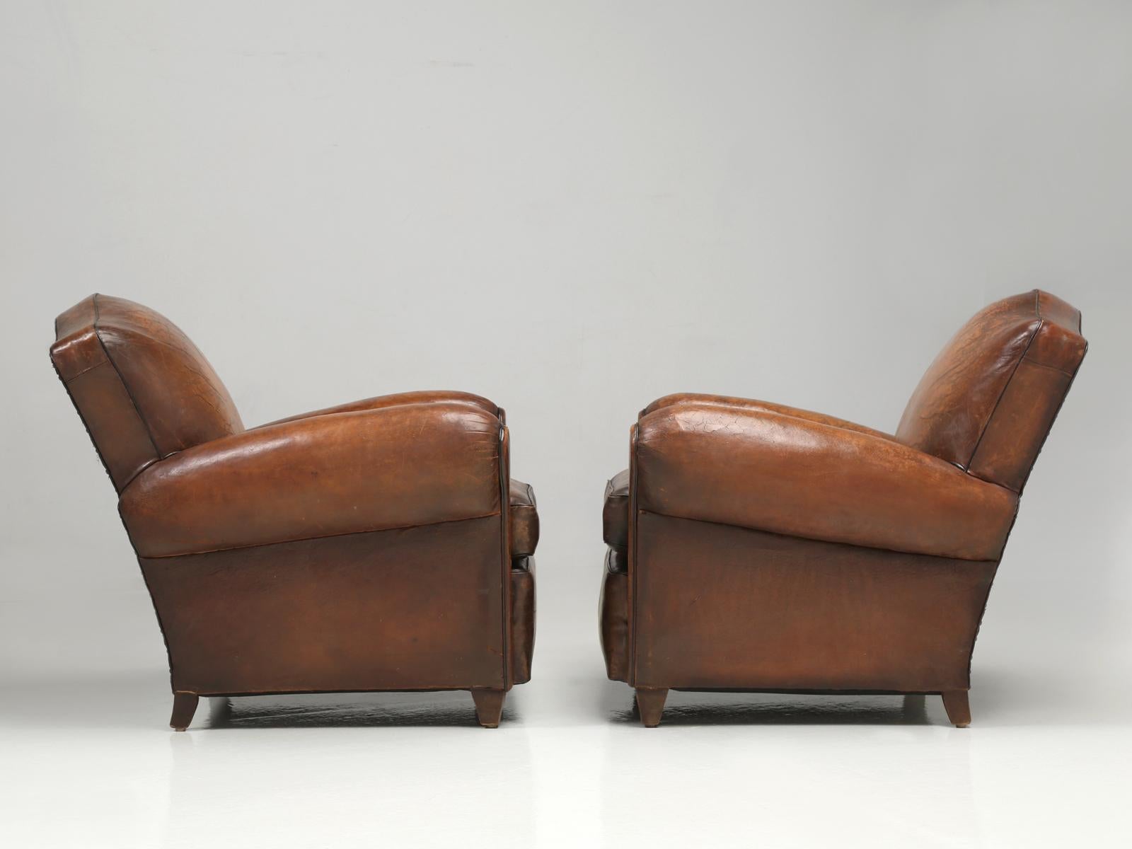 Pair French Club Chairs Restored Correctly from the Frame Up in Original Leather 13