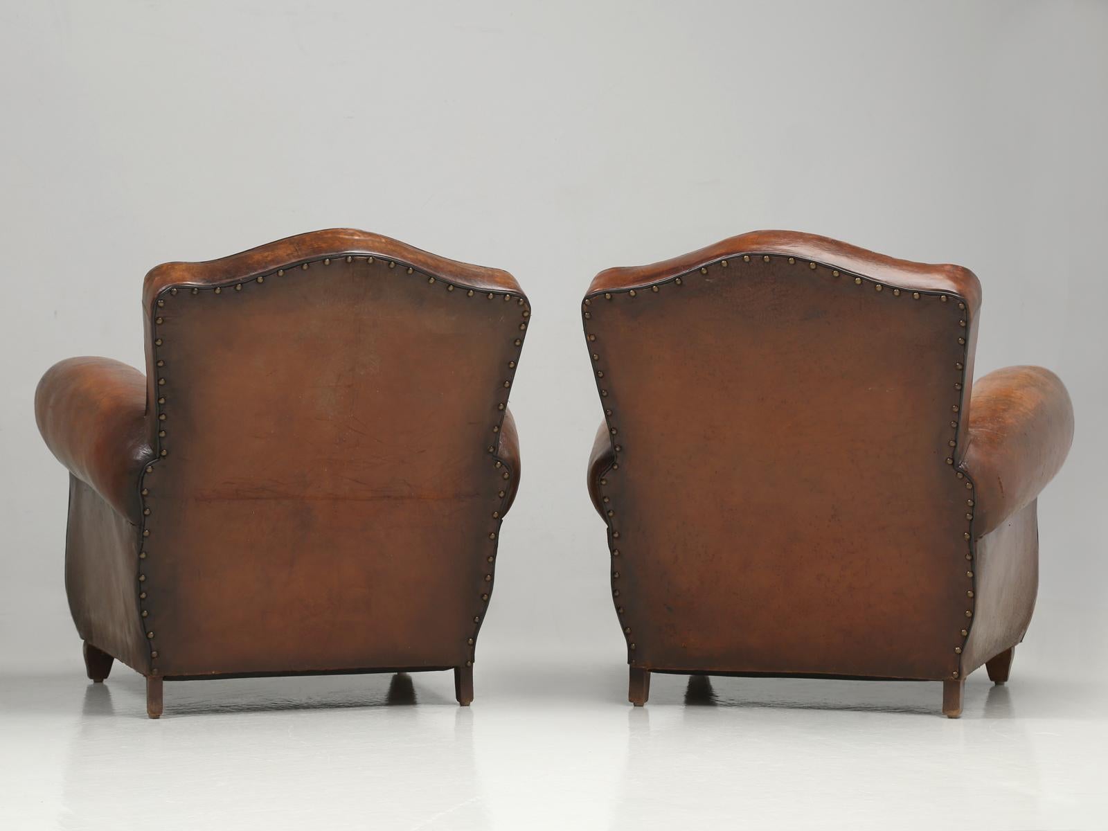 Pair French Club Chairs Restored Correctly from the Frame Up in Original Leather 14