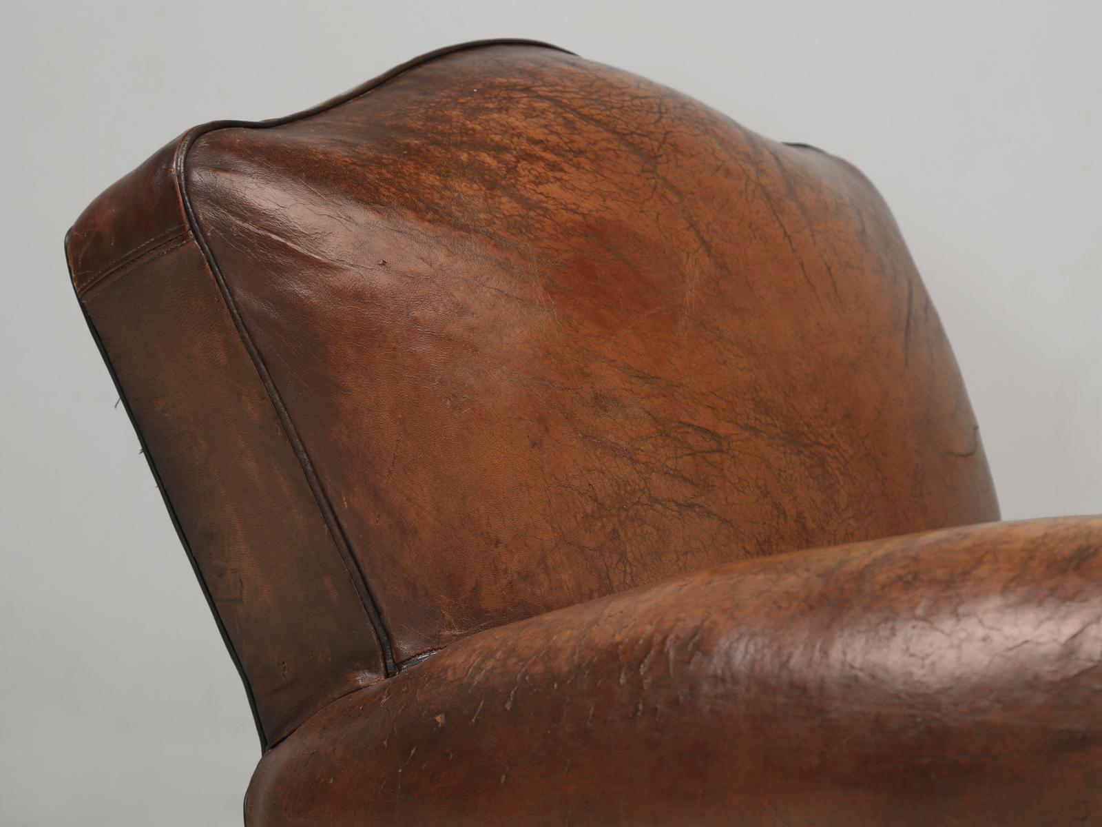 Art Deco Pair French Club Chairs Restored Correctly from the Frame Up in Original Leather
