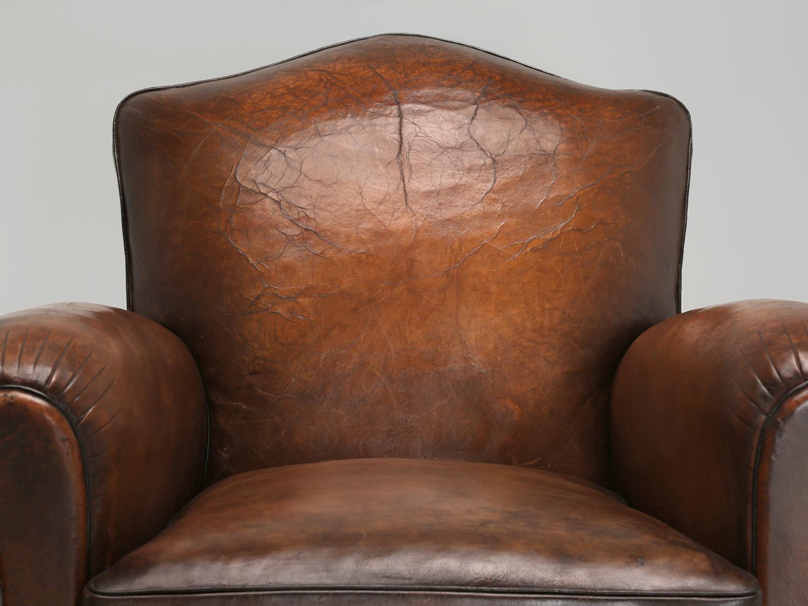 Hand-Crafted Pair French Club Chairs Restored Correctly from the Frame Up in Original Leather