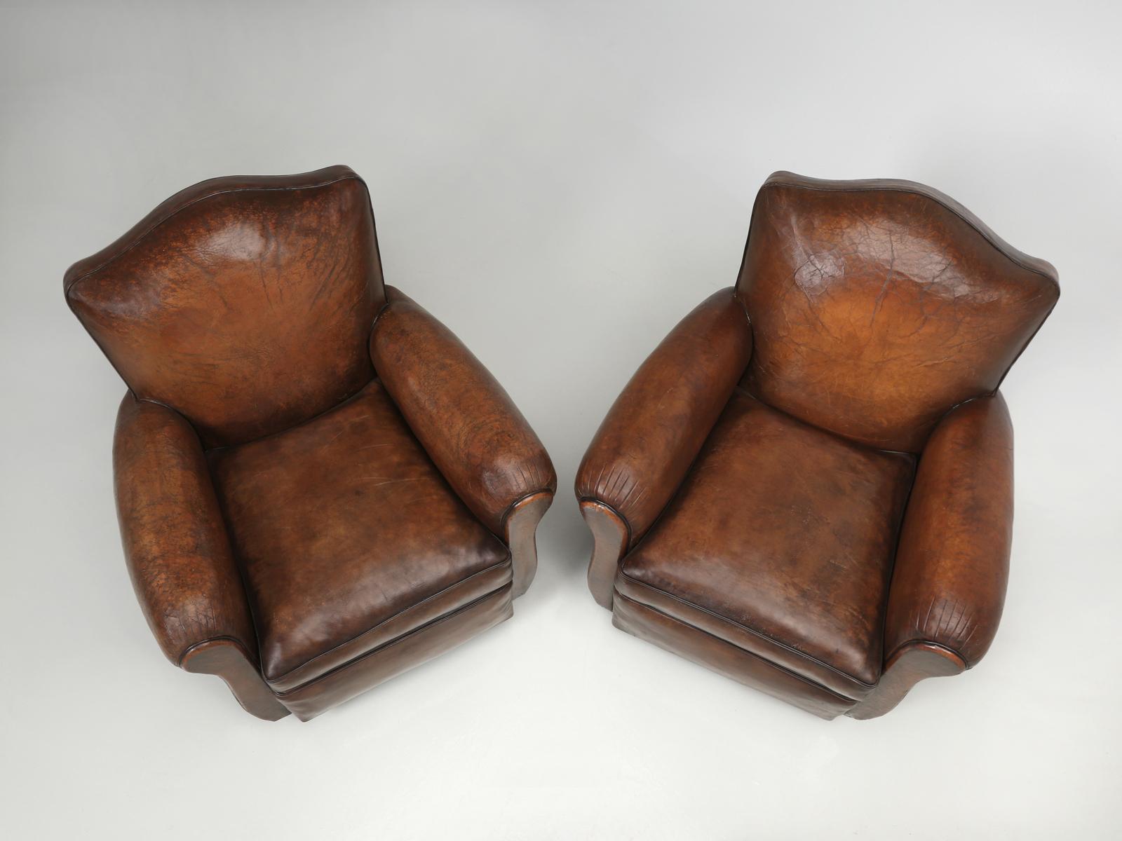 Mid-20th Century Pair French Club Chairs Restored Correctly from the Frame Up in Original Leather