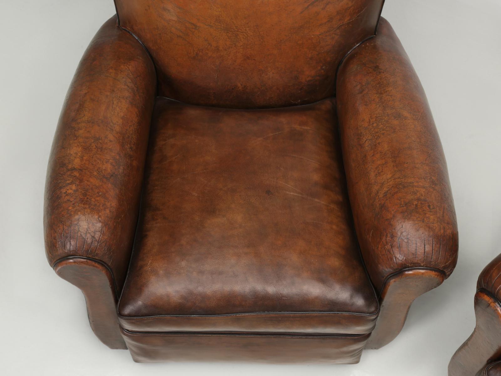 Pair French Club Chairs Restored Correctly from the Frame Up in Original Leather 1