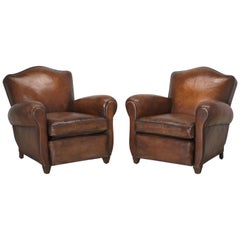 Pair French Club Chairs Restored Correctly from the Frame Up in Original Leather